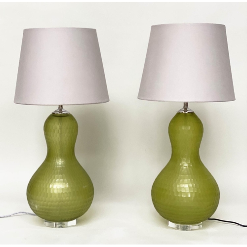 257 - JULIAN CHICHESTER 'TASSIA' TABLE LAMPS, a pair, green glass with shades, 87cm H. (2)