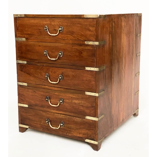 258 - CAMPAIGN CHESTS, a pair, antique Indian teak and brass bound bound each with five drawers, 45cm W x5... 