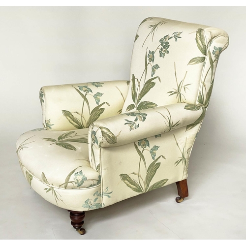 263 - ARMCHAIR, Victorian Howard style with bamboo leaf fabric upholstery, and turned front supports, 82cm... 