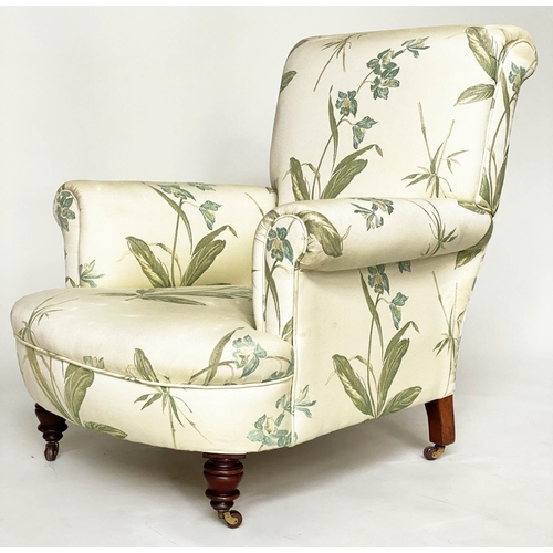 263 - ARMCHAIR, Victorian Howard style with bamboo leaf fabric upholstery, and turned front supports, 82cm... 