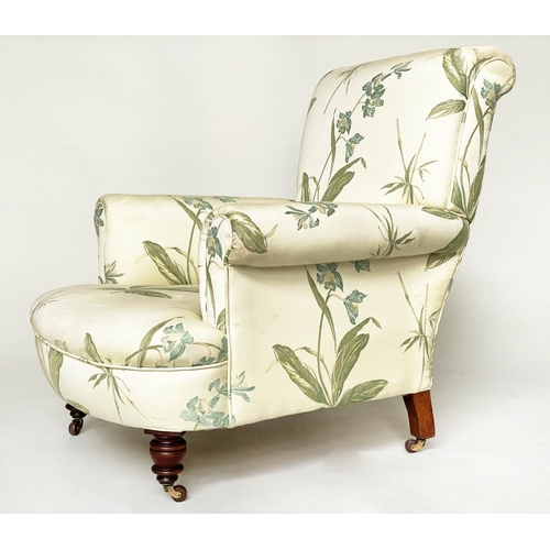 263 - ARMCHAIR, Victorian Howard style with bamboo leaf fabric upholstery, and turned front supports, 82cm... 