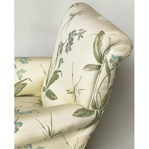 263 - ARMCHAIR, Victorian Howard style with bamboo leaf fabric upholstery, and turned front supports, 82cm... 