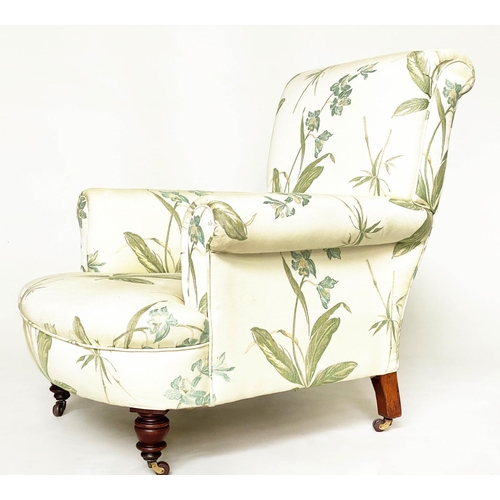 263 - ARMCHAIR, Victorian Howard style with bamboo leaf fabric upholstery, and turned front supports, 82cm... 