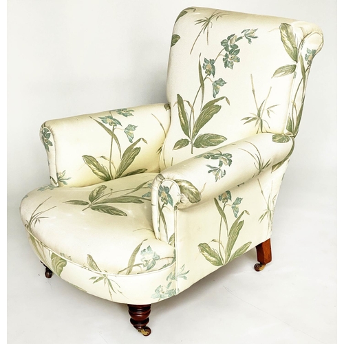 263 - ARMCHAIR, Victorian Howard style with bamboo leaf fabric upholstery, and turned front supports, 82cm... 