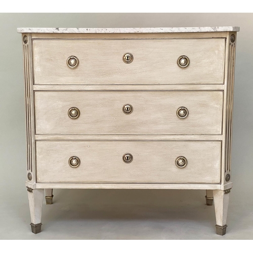 264 - COMMODE, Gustavian style traditionally grey painted with silvered mounts and three long drawers, 87c... 