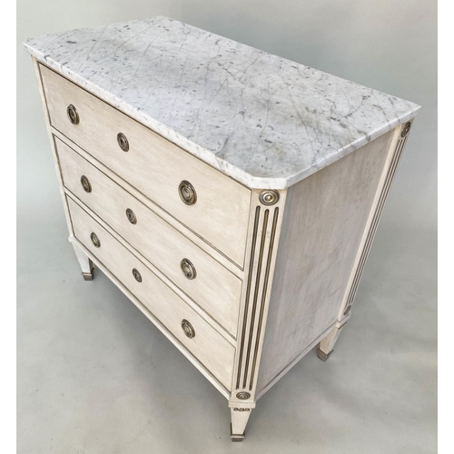 264 - COMMODE, Gustavian style traditionally grey painted with silvered mounts and three long drawers, 87c... 