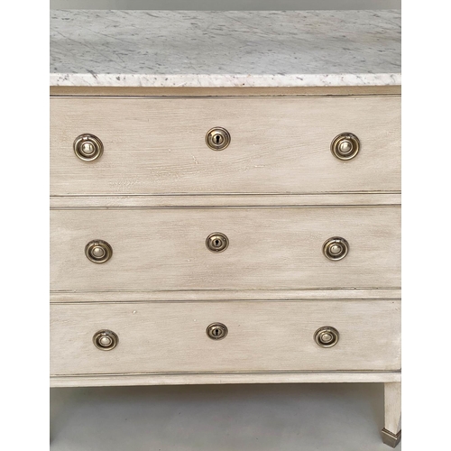 264 - COMMODE, Gustavian style traditionally grey painted with silvered mounts and three long drawers, 87c... 