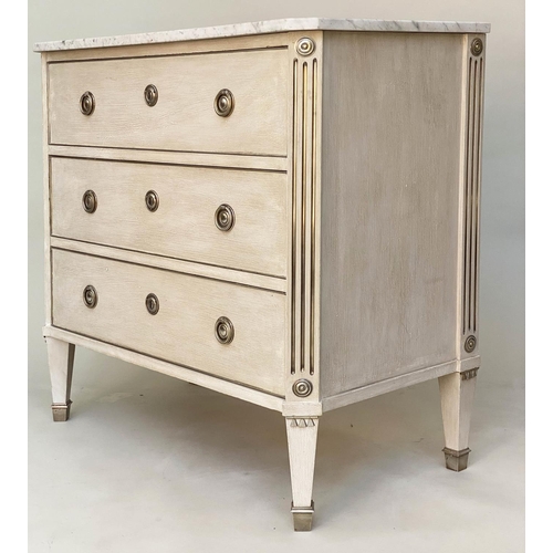 264 - COMMODE, Gustavian style traditionally grey painted with silvered mounts and three long drawers, 87c... 