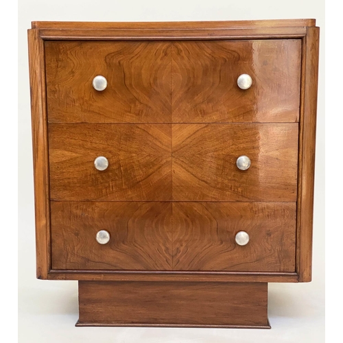 266 - ART DECO CHEST, figured walnut with three long book matched veneered drawers and recessed plinth bas... 