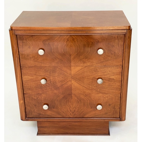 266 - ART DECO CHEST, figured walnut with three long book matched veneered drawers and recessed plinth bas... 