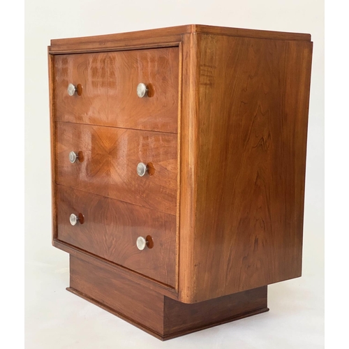 266 - ART DECO CHEST, figured walnut with three long book matched veneered drawers and recessed plinth bas... 