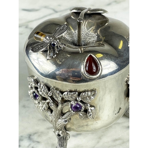 29 - SILVER APPLE JUDAICA HONEY POT, for Rosh Hashanah, the lid with a tiger eye  and bee enclosing a gla... 