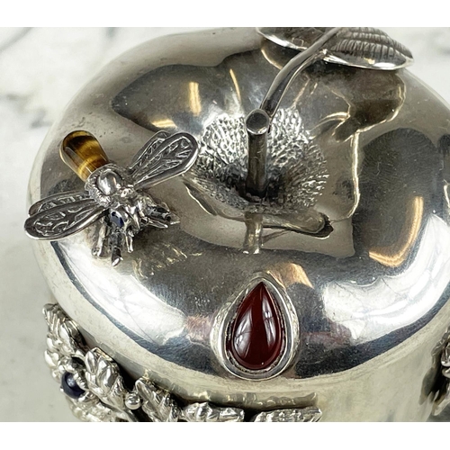 29 - SILVER APPLE JUDAICA HONEY POT, for Rosh Hashanah, the lid with a tiger eye  and bee enclosing a gla... 