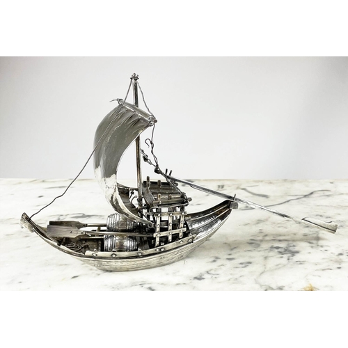 32 - SILVER DUTCH SAIL BOATS, miniature, two, junks intricately worked. (2) Approx 18 Oz.
