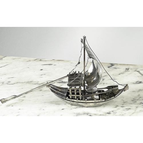 32 - SILVER DUTCH SAIL BOATS, miniature, two, junks intricately worked. (2) Approx 18 Oz.