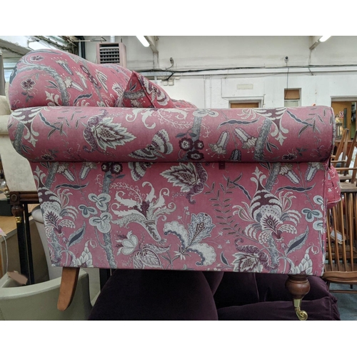 328 - WESLEY BARREL SOFA, floral and foliate patterned upholstery, 200cm W.