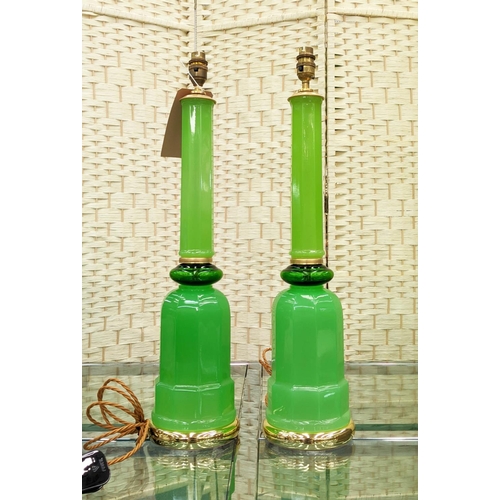 333 - CENEDESE MURANO TABLE LAMPS, a pair, vintage, green opaline glass, 63cm H. (2)