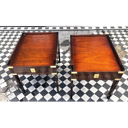 360 - CAMPAIGN STYLE BEDSIDE TABLES, 48cm H x 43cm W x 55cm D, a pair, mahogany & brass bound, each with s... 