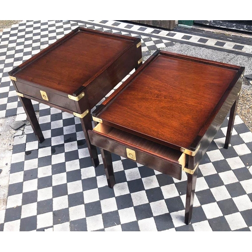 360 - CAMPAIGN STYLE BEDSIDE TABLES, 48cm H x 43cm W x 55cm D, a pair, mahogany & brass bound, each with s... 