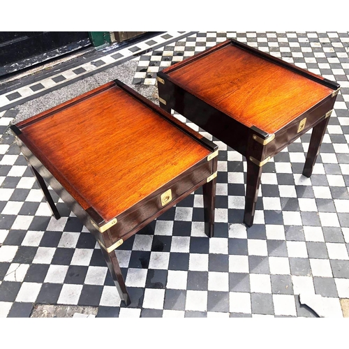 360 - CAMPAIGN STYLE BEDSIDE TABLES, 48cm H x 43cm W x 55cm D, a pair, mahogany & brass bound, each with s... 