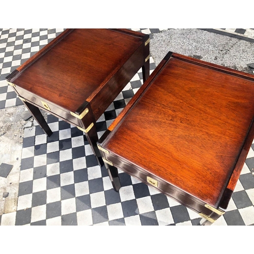 360 - CAMPAIGN STYLE BEDSIDE TABLES, 48cm H x 43cm W x 55cm D, a pair, mahogany & brass bound, each with s... 