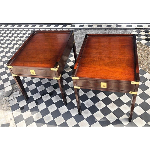 360 - CAMPAIGN STYLE BEDSIDE TABLES, 48cm H x 43cm W x 55cm D, a pair, mahogany & brass bound, each with s... 