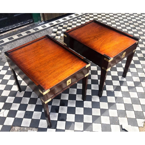 360 - CAMPAIGN STYLE BEDSIDE TABLES, 48cm H x 43cm W x 55cm D, a pair, mahogany & brass bound, each with s... 