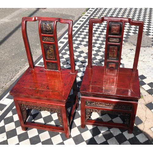 369 - SIDE CHAIRS, a near pair, 19th century Chinese red lacquer & gilt decorated of small proportions, 84... 