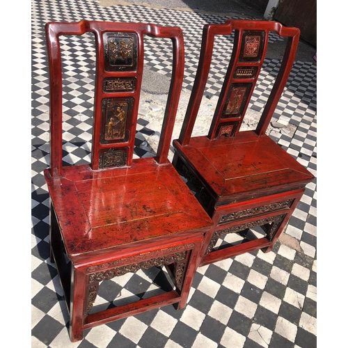 369 - SIDE CHAIRS, a near pair, 19th century Chinese red lacquer & gilt decorated of small proportions, 84... 