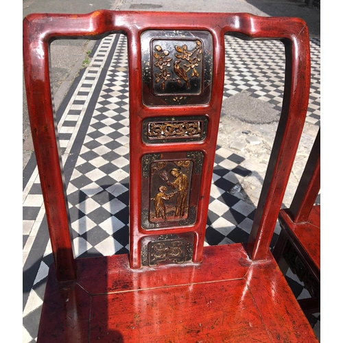 369 - SIDE CHAIRS, a near pair, 19th century Chinese red lacquer & gilt decorated of small proportions, 84... 