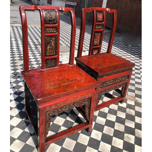 369 - SIDE CHAIRS, a near pair, 19th century Chinese red lacquer & gilt decorated of small proportions, 84... 