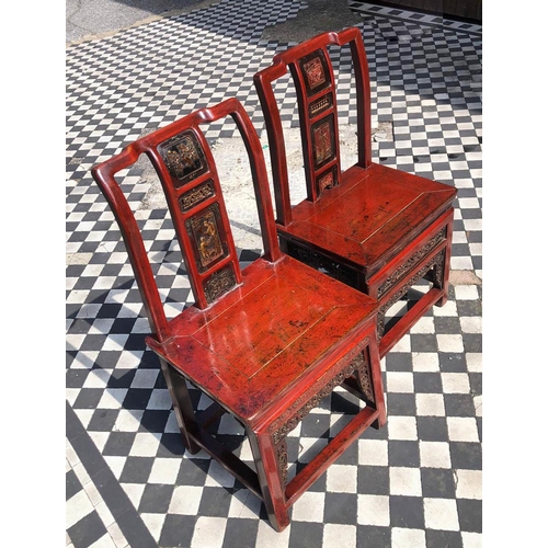 369 - SIDE CHAIRS, a near pair, 19th century Chinese red lacquer & gilt decorated of small proportions, 84... 