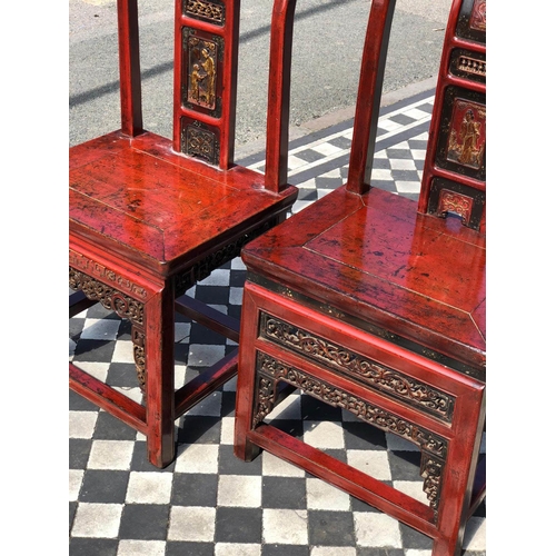 369 - SIDE CHAIRS, a near pair, 19th century Chinese red lacquer & gilt decorated of small proportions, 84... 