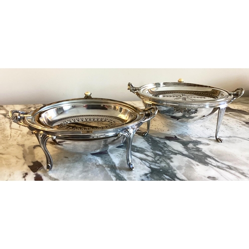 38 - CHAFING DISHES, two similar, silver plated, each with rotating covers and bone handle, one stamped W... 