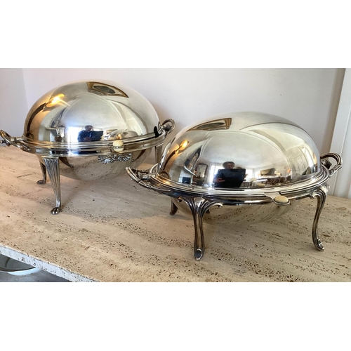 38 - CHAFING DISHES, two similar, silver plated, each with rotating covers and bone handle, one stamped W... 