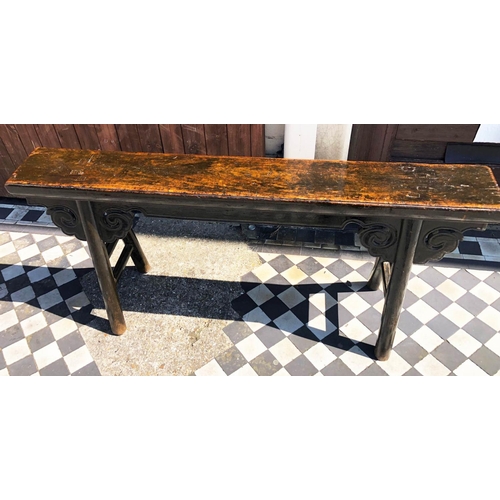 381 - BENCH, 55cm H x 120cm W x 32cm D, Chinese lacquered elm.