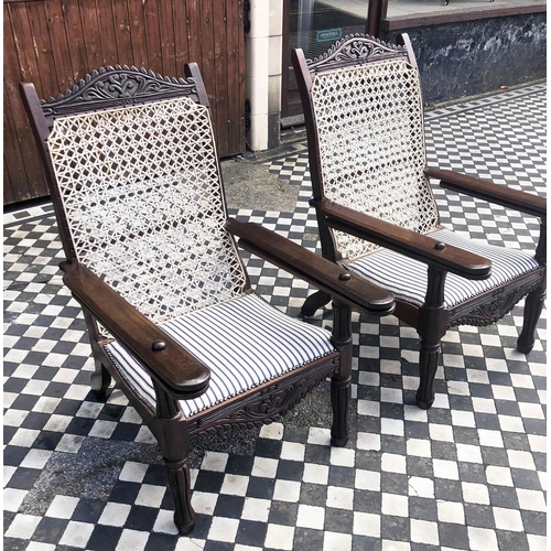 387 - PLANTERS CHAIRS, 100cm H , 65cm W, a pair, carved hardwood with string backs, padded ticking seats a... 