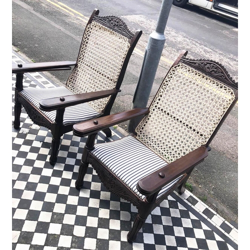 387 - PLANTERS CHAIRS, 100cm H , 65cm W, a pair, carved hardwood with string backs, padded ticking seats a... 