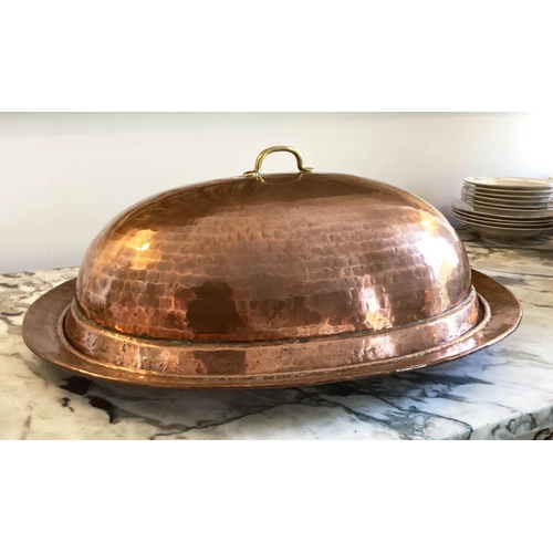 40 - MEAT PLATE AND COVER, early 20th century hand beaten copper oval plate with cover tamped to plate an... 