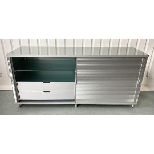 431 - YCAMI CABINET, corrugated aluminium with two sliding drawers, enclosing drawers and shelves, 190cm W... 