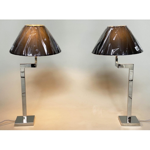 432 - PORTA ROMANA DESK LAMPS, a pair, nickel plated with double hinged swing action and circular base, 69... 