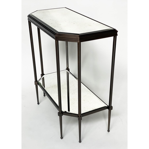 434 - CONSOLE TABLES, a pair, forged metal with two bevelled mirror shelves and canted front corners, 88cm... 