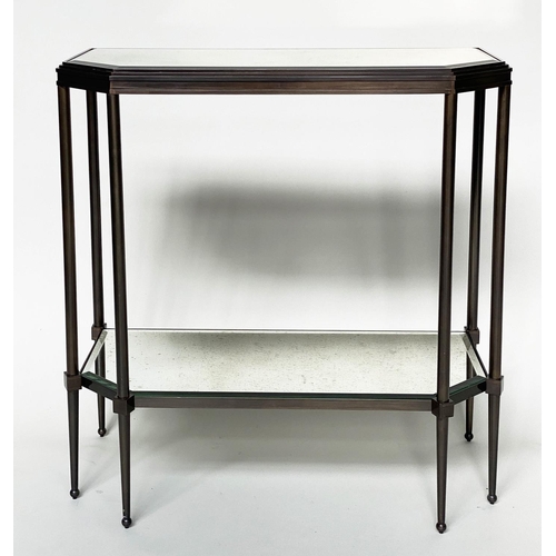 434 - CONSOLE TABLES, a pair, forged metal with two bevelled mirror shelves and canted front corners, 88cm... 