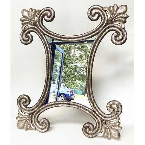 436 - WALL MIRROR, large textured silvered scrolling trefoil frame, 142cm W x 168cm H.