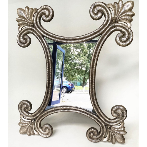 436 - WALL MIRROR, large textured silvered scrolling trefoil frame, 142cm W x 168cm H.