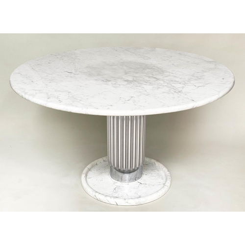 438 - DINING TABLE, Art Deco style circular grey veined white marble on fluted steel column and marble bas... 