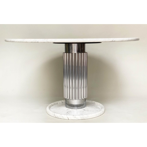 438 - DINING TABLE, Art Deco style circular grey veined white marble on fluted steel column and marble bas... 