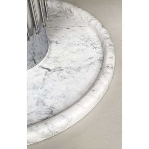 438 - DINING TABLE, Art Deco style circular grey veined white marble on fluted steel column and marble bas... 