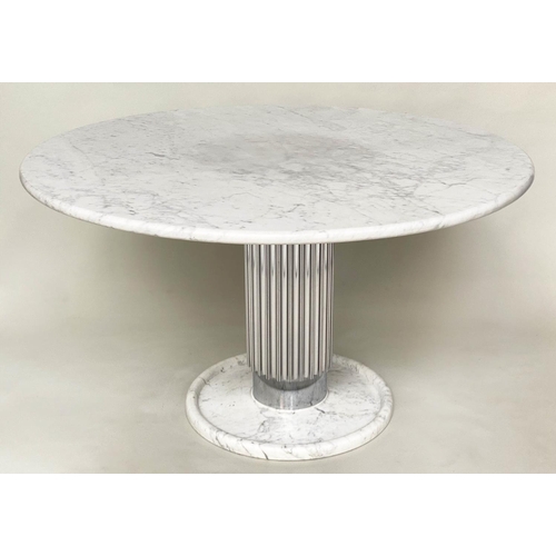 438 - DINING TABLE, Art Deco style circular grey veined white marble on fluted steel column and marble bas... 