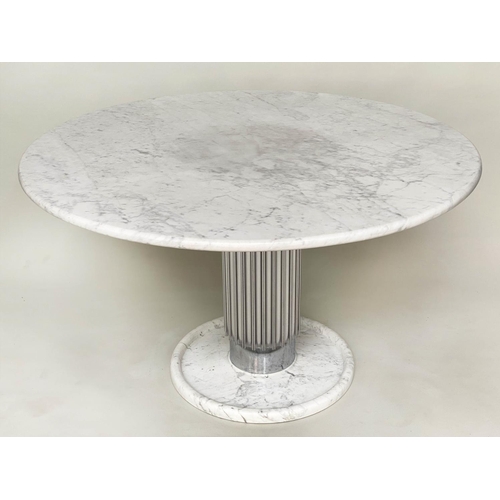 438 - DINING TABLE, Art Deco style circular grey veined white marble on fluted steel column and marble bas... 